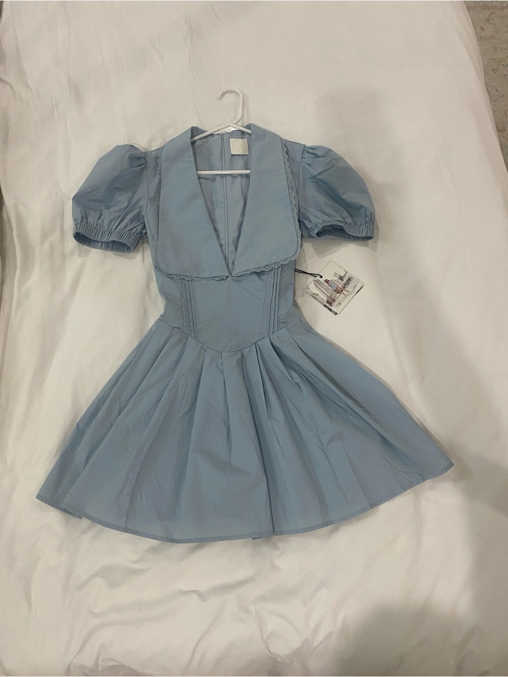 Anthropologie Light Blue Puff-Sleeve Mini Dress - Picture 3 of 10
